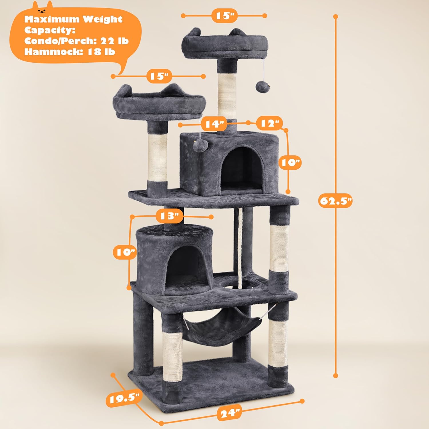 62.2Inches Cat Tree Cat Tower Cat Condo with Platform & Hammock, Scratching Posts for Kittens Pet Play House with Plush Perch for Indoor Activity Relaxing