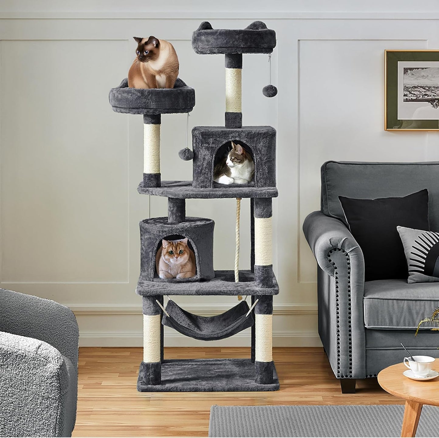 62.2Inches Cat Tree Cat Tower Cat Condo with Platform & Hammock, Scratching Posts for Kittens Pet Play House with Plush Perch for Indoor Activity Relaxing