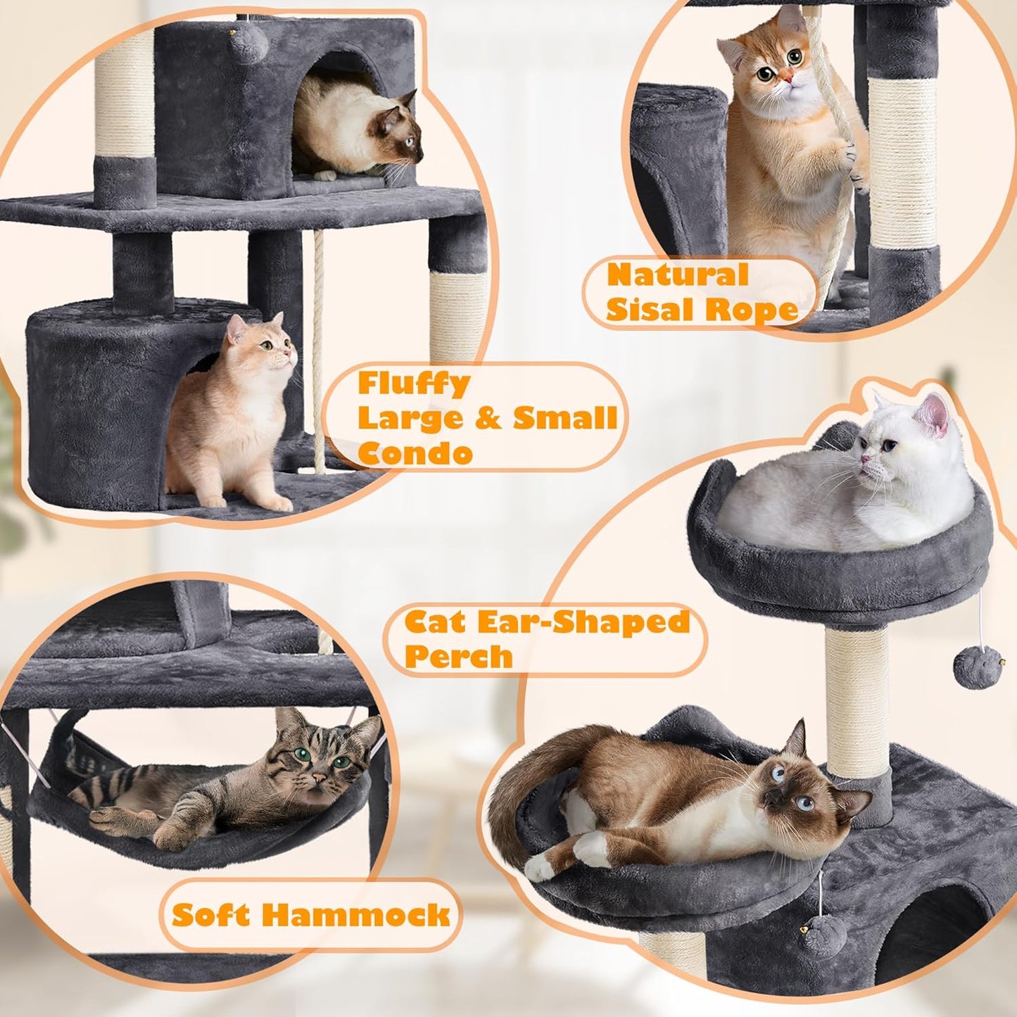 62.2Inches Cat Tree Cat Tower Cat Condo with Platform & Hammock, Scratching Posts for Kittens Pet Play House with Plush Perch for Indoor Activity Relaxing