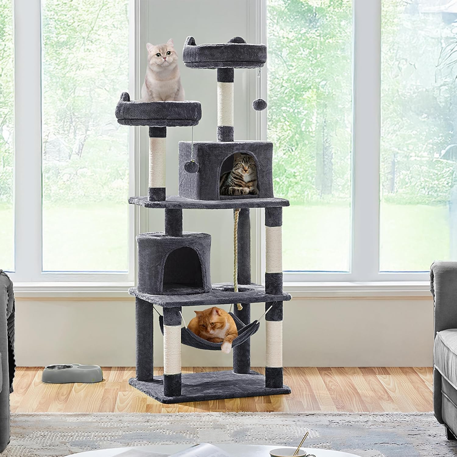 62.2Inches Cat Tree Cat Tower Cat Condo with Platform & Hammock, Scratching Posts for Kittens Pet Play House with Plush Perch for Indoor Activity Relaxing