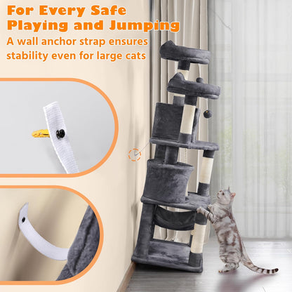 62.2Inches Cat Tree Cat Tower Cat Condo with Platform & Hammock, Scratching Posts for Kittens Pet Play House with Plush Perch for Indoor Activity Relaxing